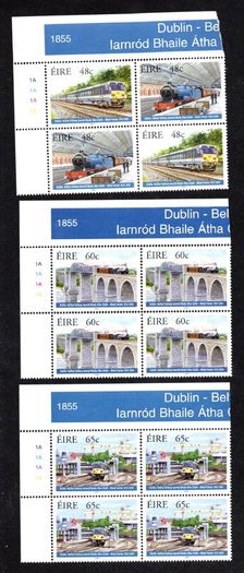 2005 Ireland 150th Anniversary of the Dublin-Belfast Railway Commemorative Stamps Plate Blocks 1A1A1A1A Mint Never Hinged (MNH)