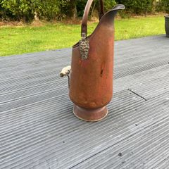 Antique Copper Coal scuttle- Beautiful antique copper coal scuttle with ceramic handle and lions head pivot