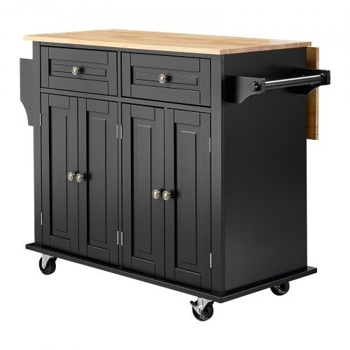 Kitchen Island Cart, 43" Wood Top Mobile Carts with Storage Cabinet, Rolling Table with Drop Leaf, Spice Rack, Towel Bar, Adjustable Shelf, Drawer, and Hooks, Portable Islands on Wheels, Black