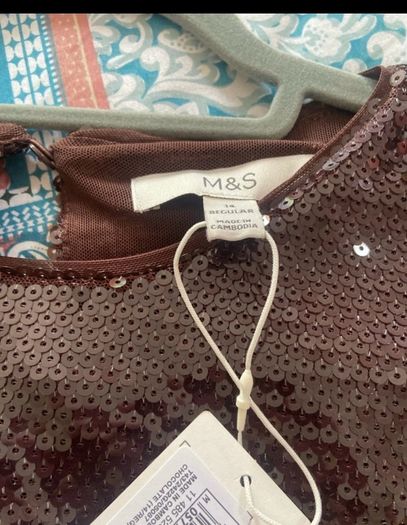 M&S Chocolate Brown Sequin Short Sleeve Top   Size UK 14