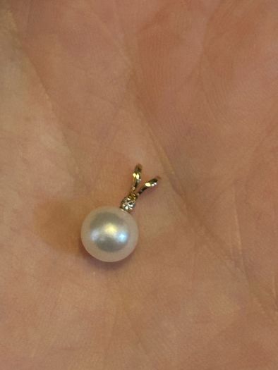 Small pearl pendant or charm with solid yellow 14k gold and a tiny diamond (real) not lab grown