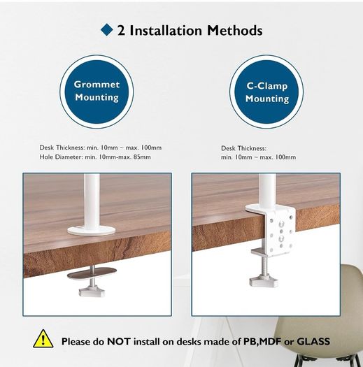 Dual Monitor Arm Desk Mount, Adjustable for 13/27 Inch  Screens, VESA 75x75/100x100, Full Motion Tilt, 360 Rotation, Height Adjustable, Max 10kg per Arm, Easy Install, White