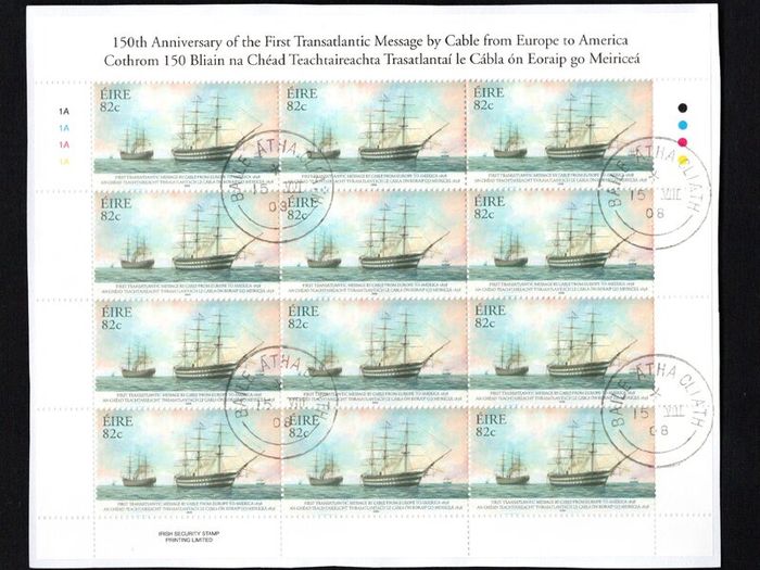 2008 Ireland 150th Anniversary of the First Transatlantic Message by Cable from Europe to America Competition Commemorative Stamps Sheetlet Plate 1A1A1A1A Fine CDS Used with Dublin cancel of 15th August 2008 (First day of issue)