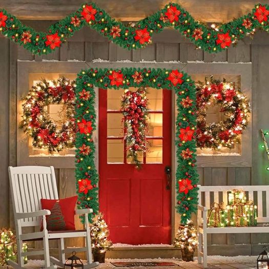 Pre-Lit Artificial Christmas Garland, Green, Warm Lights, Decorated with Red Flowers, Balls, Berries, Snowy Pine for Home Stairs Fireplace Front, Christmas Decorations, 9 Ft