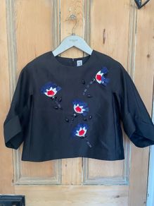 Navy taffeta top with flower embellishments