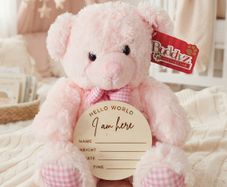 Baby Girl Announcement Teddy Bear with Personalised Wooden Plaque