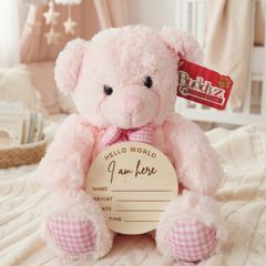 Baby Girl Announcement Teddy Bear with Personalised Wooden Plaque