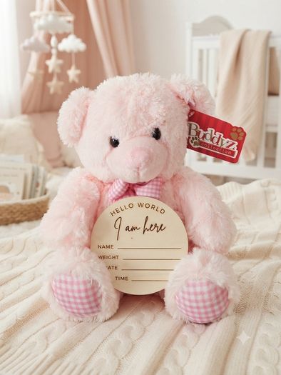 Baby Girl Announcement Teddy Bear with Personalised Wooden Plaque