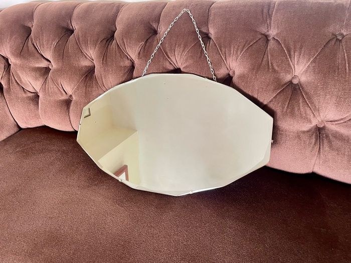 Petite Oval Bevelled Early 20th Century Frameless Mirror with Original Chain