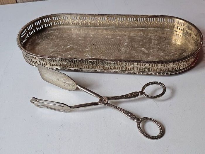Vintage Silver Plated Serving Tray and Server Tongs