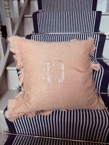 New bespoke 100% linen frill French monogram D cushion in blush with feather insert