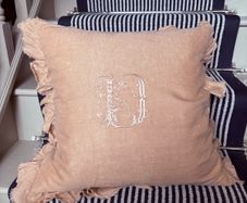 New bespoke 100% linen frill French monogram D cushion in blush with feather insert