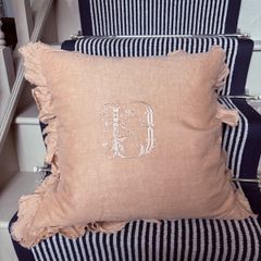 New bespoke 100% linen frill French monogram D cushion in blush with feather insert