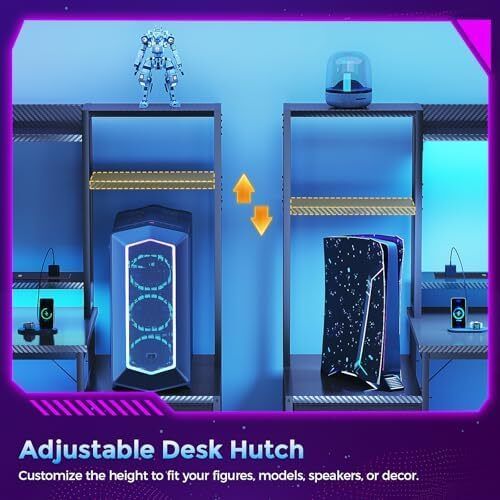 Gaming Desk with Drawers & Display Shelves, 120x48 cm Computer Desk with LED Lights & Sockets, Reversible PC Gaming Table with Monitor Stand, Carbon Fiber Black