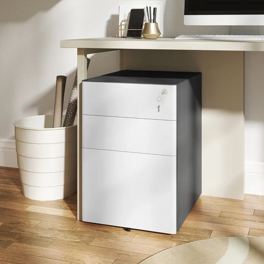 Filing cabinet, Rolling cabinet, 3 Drawers & Hanging File, Lock, Steel Housing, 39x48x59 cm, White+Gray