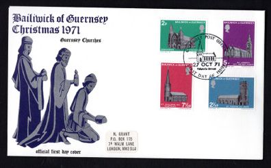 1971 Guernsey Christmas, Guernsey Churches Commemorative  Stamp First Day Cover (FDC)