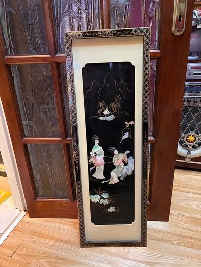 Vintage Chinese Black Lacquer Mother of Pearl Wall Panel