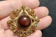 SPHINX Vintage Large Rhombus Openwork Brooch Gold plated with Agate Glass Cabochons Signed Numbered
