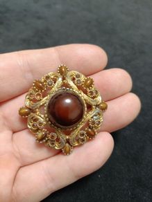 SPHINX Vintage Large Rhombus Openwork Brooch Gold plated with Agate Glass Cabochons Signed Numbered