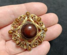 SPHINX Vintage Large Rhombus Openwork Brooch Gold plated with Agate Glass Cabochons Signed Numbered