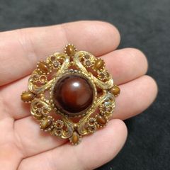 SPHINX Vintage Large Rhombus Openwork Brooch Gold plated with Agate Glass Cabochons Signed Numbered
