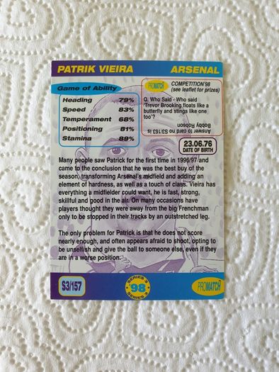 Patrick Vieira Arsenal Football Trading Card 1998 to 1999