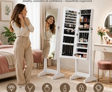 White Freestanding Jewellery Cabinet with Full-Length Mirror & Lockable Storage