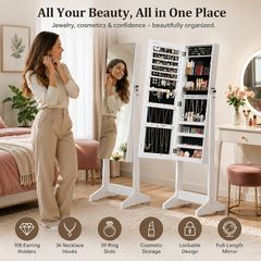 White Freestanding Jewellery Cabinet with Full-Length Mirror & Lockable Storage