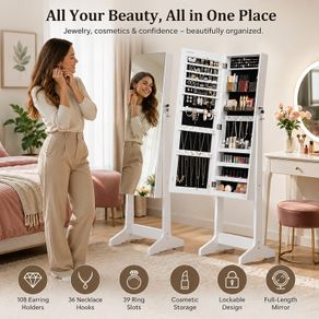 White Freestanding Jewellery Cabinet with Full-Length Mirror & Lockable Storage