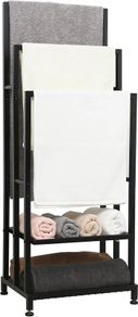 Free Standing Towel Rail, Towel Stand with 2 Storage Shelves, 3 Tier Towel Rack Free Standing, Freestanding Towel Rail for Bathroom & Bedroom, Black