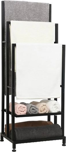 Free Standing Towel Rail, Towel Stand with 2 Storage Shelves, 3 Tier Towel Rack Free Standing, Freestanding Towel Rail for Bathroom & Bedroom, Black