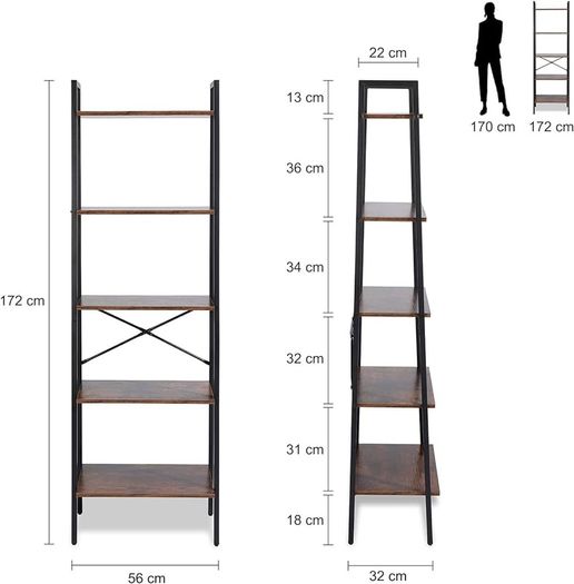 NEW SALE | Bookcase Bookshelf Ladder Shelf 5-Tier Steel Frame Industrial Style Storage Rack Organiser Standing Shelf for Office Study Living Room Bedroom 56x32x172cm