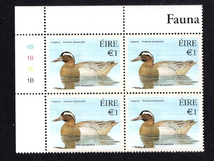 2004 Ireland Fauna & Flora Native Ducks E1 Garganey Commemorative Stamp Plate Block 1B1B1B1B1B Mint Never Hinged (MNH)