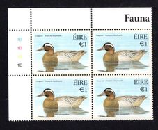 2004 Ireland Fauna & Flora Native Ducks E1 Garganey Commemorative Stamp Plate Block 1B1B1B1B1B Mint Never Hinged (MNH)