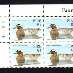 2004 Ireland Fauna & Flora Native Ducks E1 Garganey Commemorative Stamp Plate Block 1B1B1B1B1B Mint Never Hinged (MNH)