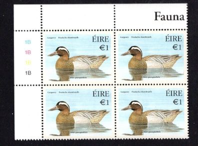 2004 Ireland Fauna & Flora Native Ducks E1 Garganey Commemorative Stamp Plate Block 1B1B1B1B1B Mint Never Hinged (MNH)