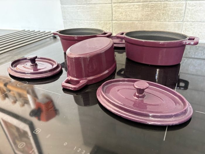 Three Unused Purple Iron Enamel Mini Casseroles