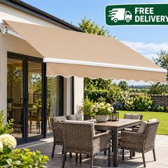 Manual Retractable Awning, 10 x 8 ft Outdoor Patio Awning Retractable Sun Shade, Water-Resistant Polyester Patio Door Window Awning Sunshade Shelter with Crank Handle for Backyard, Balcony