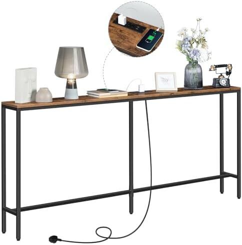 Console Table with Power Outlet, 180 cm Narrow Sofa Table, Industrial Entryway Table with USB Ports, Behind Couch Table for Entryway, Hallway, Foyer, Living Room, Rustic Brown