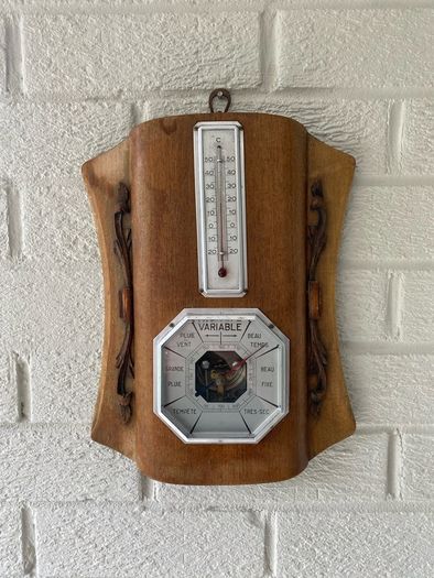 Vintage French Wall Barometer & Thermometer. Mid-Century Rustic Weather Station