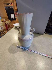 Antique Belleek China Vases With 2 Handles And Long Nick With Hint Of Pink