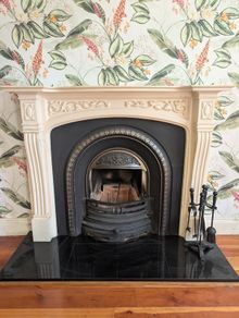 Traditional Cream Stone Fireplace Suite with Cast Iron Insert & Black Hearth