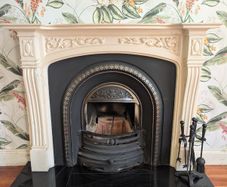 Traditional Cream Stone Fireplace Suite with Cast Iron Insert & Black Hearth