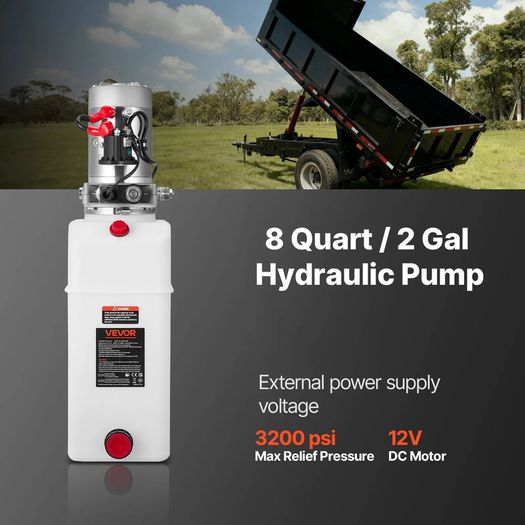 12V DC Hydraulic Power Unit with 8L Metal Reservoir, Single Acting Pump for Dump Trailer & Car Lifting