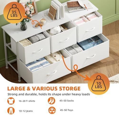 Chest of Drawers with 5 Drawers, Wide Storage Organiser Fabric Dresser for Living Room TV Stand Bedroom Closet Nursery Bedside Entryway Hallway, White Leather