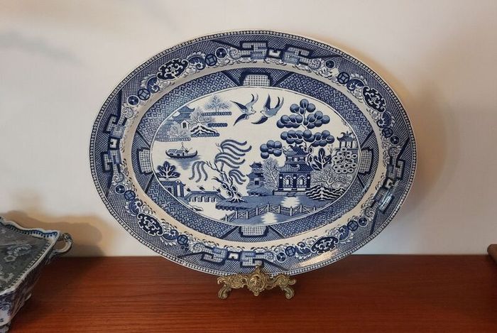 Beautiful Antique Blue and White Transferware Willow Pattern Large Oval Platter, Unknown Maker, Probably Staffordshire-Made