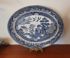 Beautiful Antique Blue and White Transferware Willow Pattern Large Oval Platter, Unknown Maker, Probably Staffordshire-Made