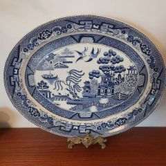 Beautiful Antique Blue and White Transferware Willow Pattern Large Oval Platter, Unknown Maker, Probably Staffordshire-Made