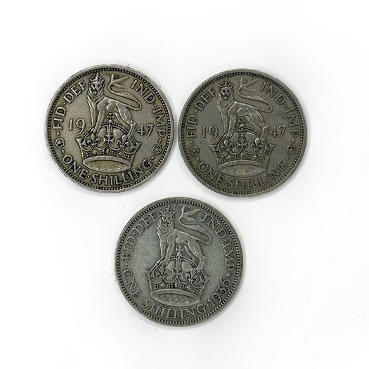 3x UK One Shilling Coins - 1936 Silver & 2x 1947 - Pre-Decimal Lot