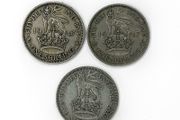 3x UK One Shilling Coins - 1936 Silver &amp; 2x 1947 - Pre-Decimal Lot